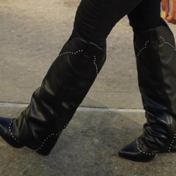 Shark Studded Fold Over Knee High Boots - Picture 2 of 10